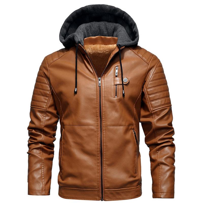 Men's Fleece Liner PU Leather Jackets Coats with Hood Autumn Winter Casual Motorcycle Jacket For Men Windbreaker Biker Jackets