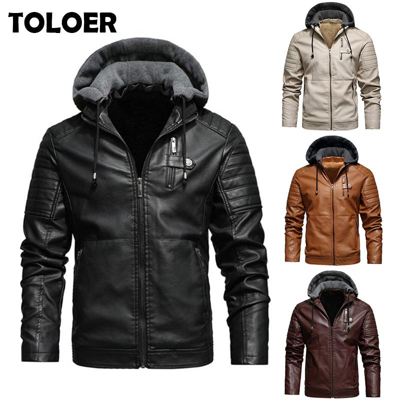Men's Fleece Liner PU Leather Jackets Coats with Hood Autumn Winter Casual Motorcycle Jacket For Men Windbreaker Biker Jackets