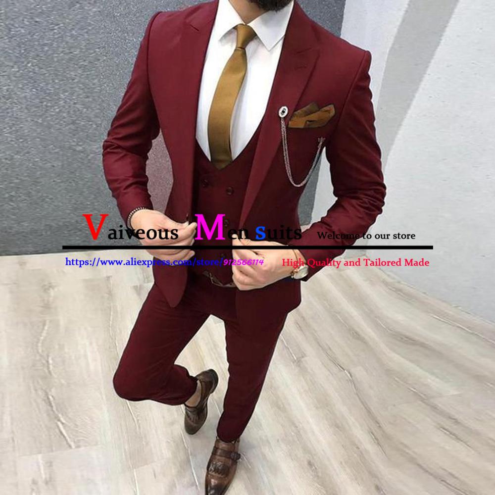 Men Slim Fit Suits 3 Pieces Tailored Made Men Blazer Dress Groom Wedding Suit 2022 Fashion Burgundy Tuxedo Jacket Vest Pants Set