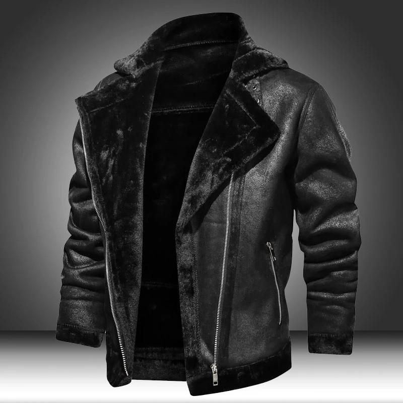 Men's Winter Fleece Motorcycle Leather Jacket Plus Velvet Thick Retro Vintage Leisure Male Outwear Warm Cashmere Inner Coats